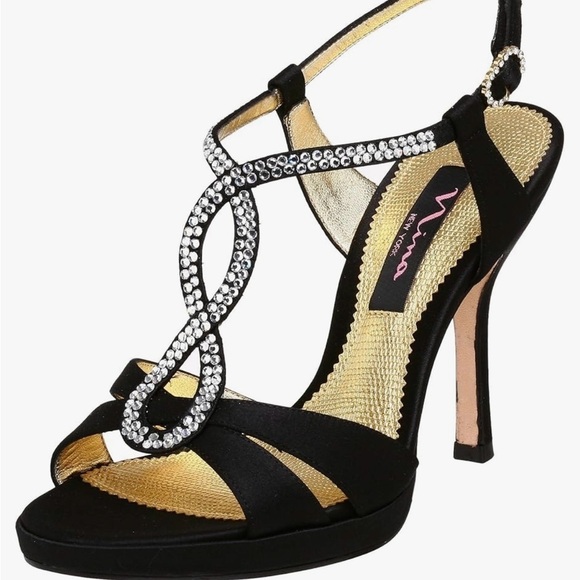 Nina Graysen High Healed Black Dressy Strappy Rhinestone Sandals 7.5M Open Toe - Picture 1 of 7